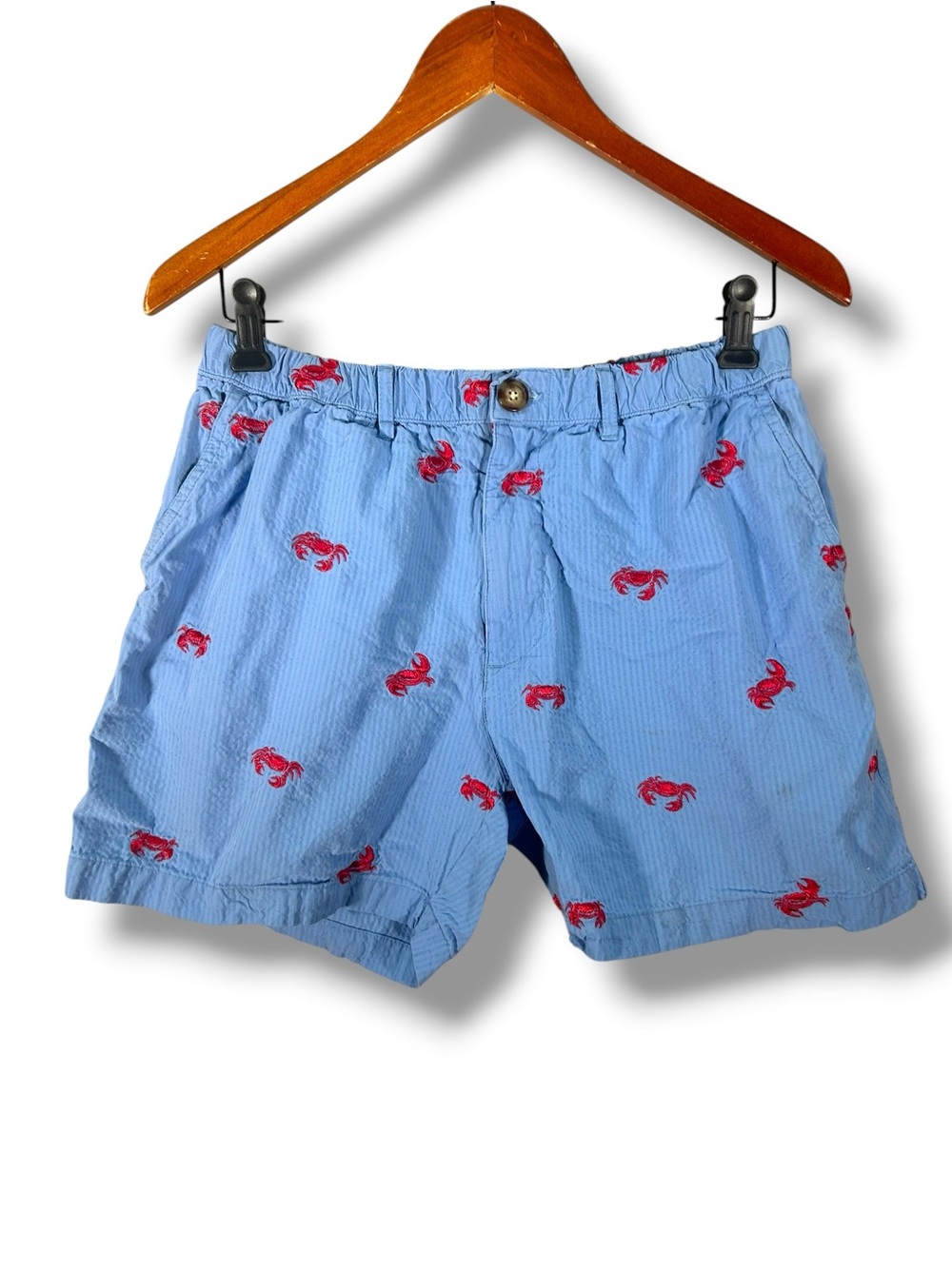 Men’s Chubbies Blue Seersucker Crab Embroidered Shorts Size Large